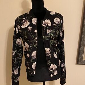 IRIS Los Angeles Black Floral Bomber Jacket with White Rose Print